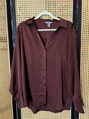H&M Satin-Look Button Shirt in Deep Brown